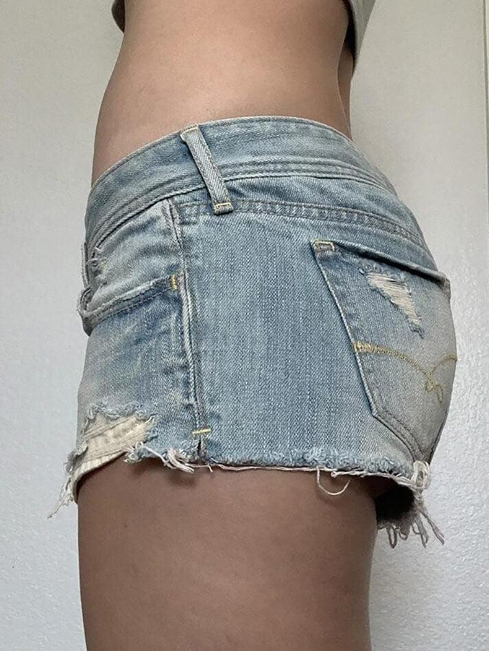 Blue Vintage Low Rise Frayed Denim Shorts