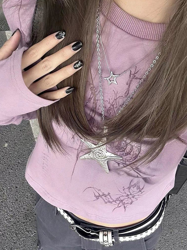 Purple Grunge Long Sleeve Tee with Graphic Print