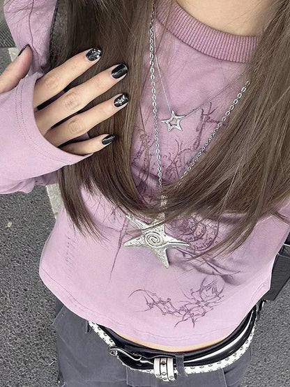 Purple Grunge Long Sleeve Tee with Graphic Print