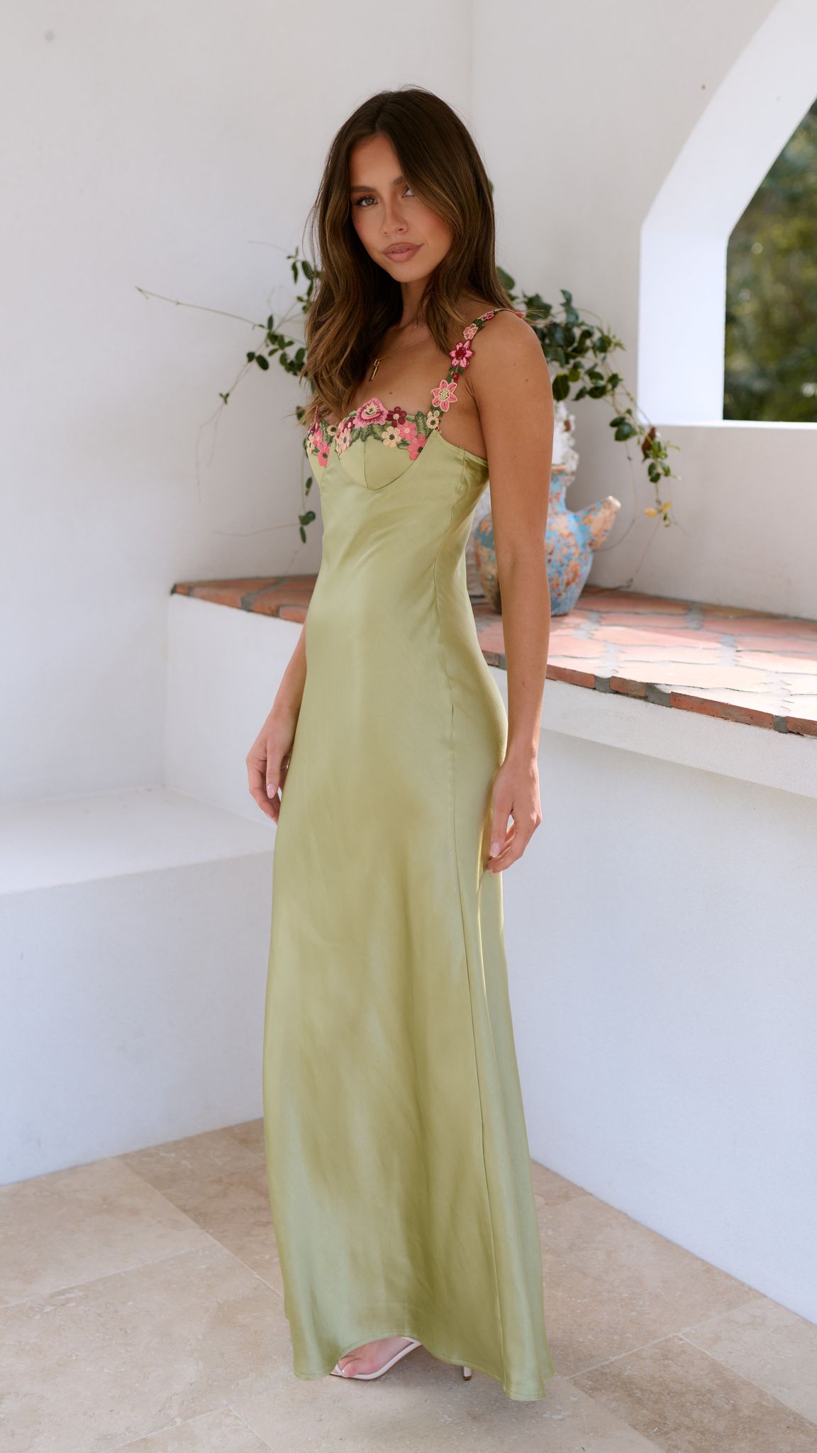 Olive Green Satin Maxi Dress with Floral Straps for Women - Olga