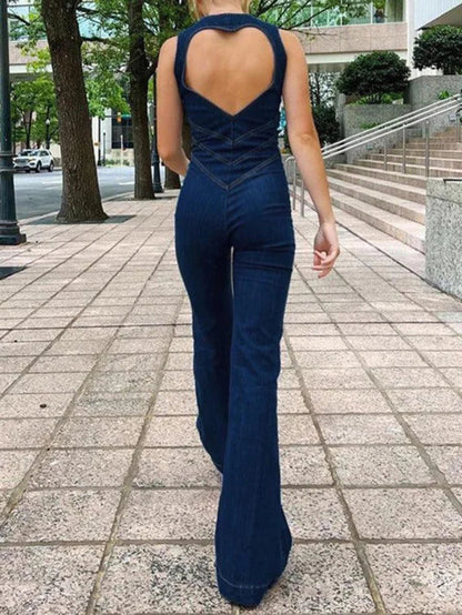 Vintage High Rise Denim Jumpsuit with Backless Zip Up