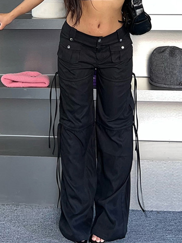 Black Hip Hop Low Waist Pocket Ribbon Splice Cargo Pants