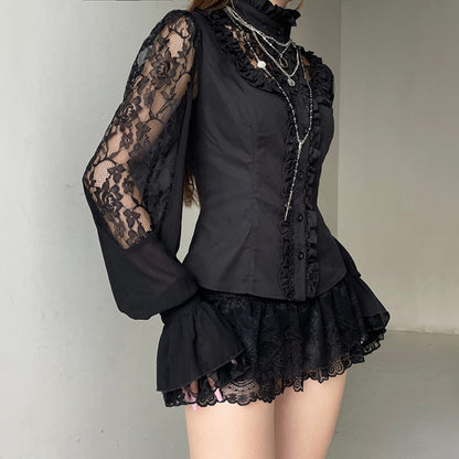 Black Lace Long Sleeve Button Blouse with Ruffles for Women - Olimpia