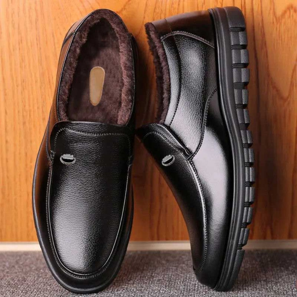 Black Leather Winter Warm Slip On Shoes for Men - Capitolina