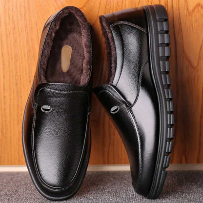 Black Leather Winter Warm Slip On Shoes for Men - Capitolina