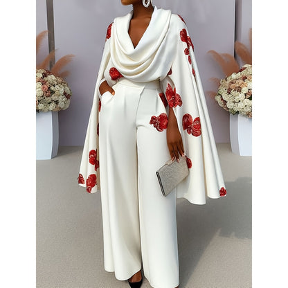 White Draped Long Sleeve Shirt with Red Floral Print for Women - Adelaide