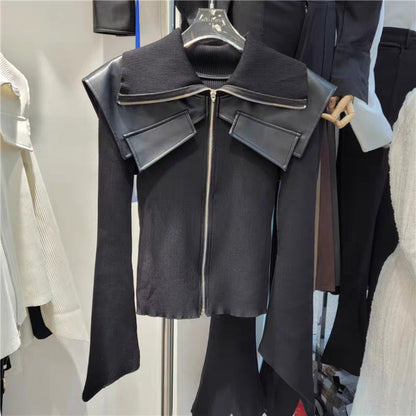 Zip Up Knit Jacket with Wide Collar for Women - Raffaella