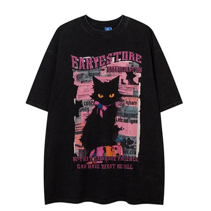 Camiseta de manga corta con estampado de gato Y2k en color de contraste