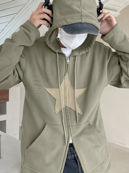 Green Vintage Baggy Hoodie with Star Patch and Zipper