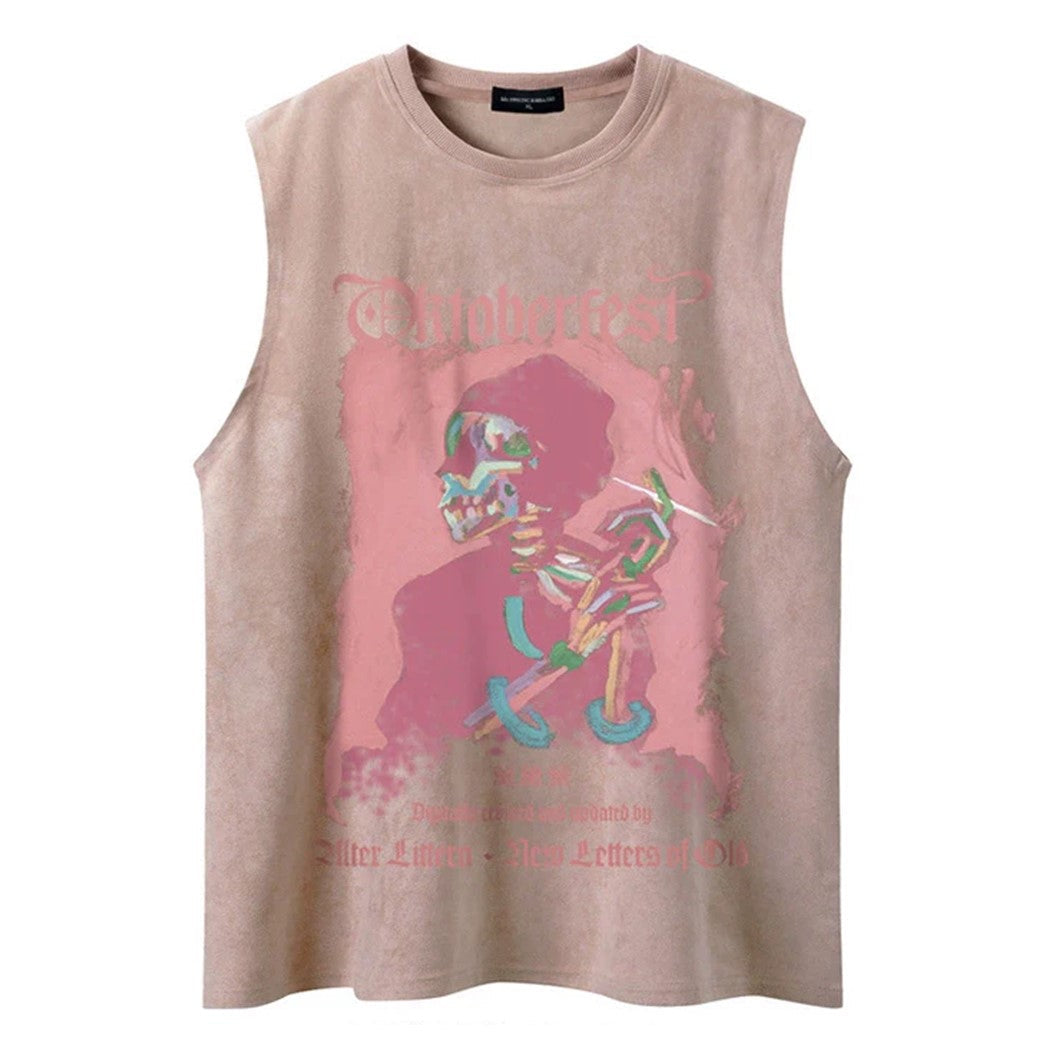 Men Punk Oversized Front Skull illustration Design Tank Top