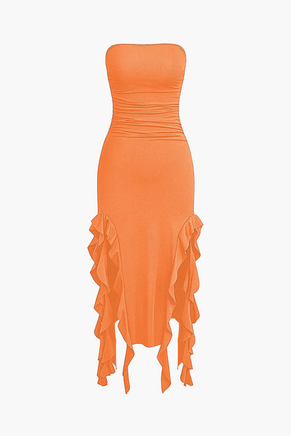 Solid Color French Ruffle Hem Ruched Tube Maxi Dress