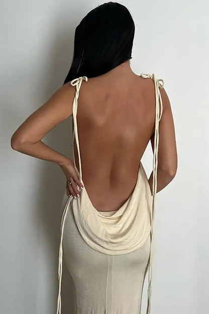 Solid Color French Cowl Neck Backless Tie Maxi Dress