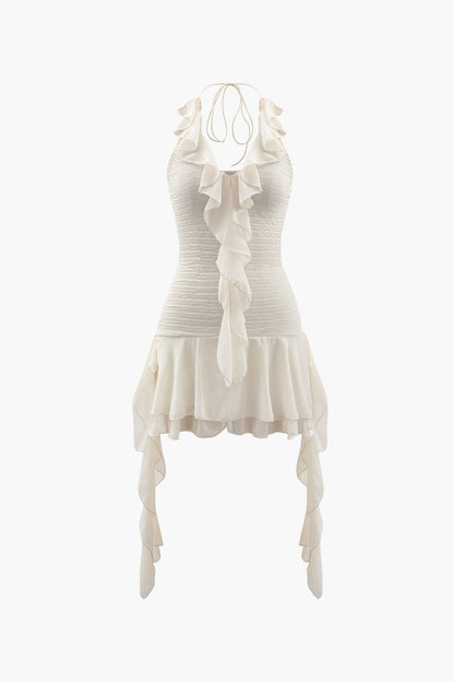 Beige Vintage Halter Neck Ruffle Mini Dress