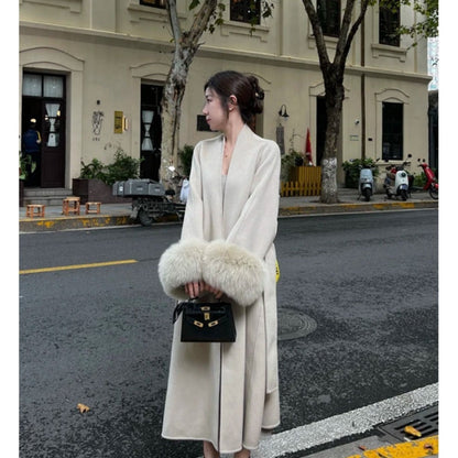 Long Overcoat with Faux Fur Cuffs for Women - Fortunata