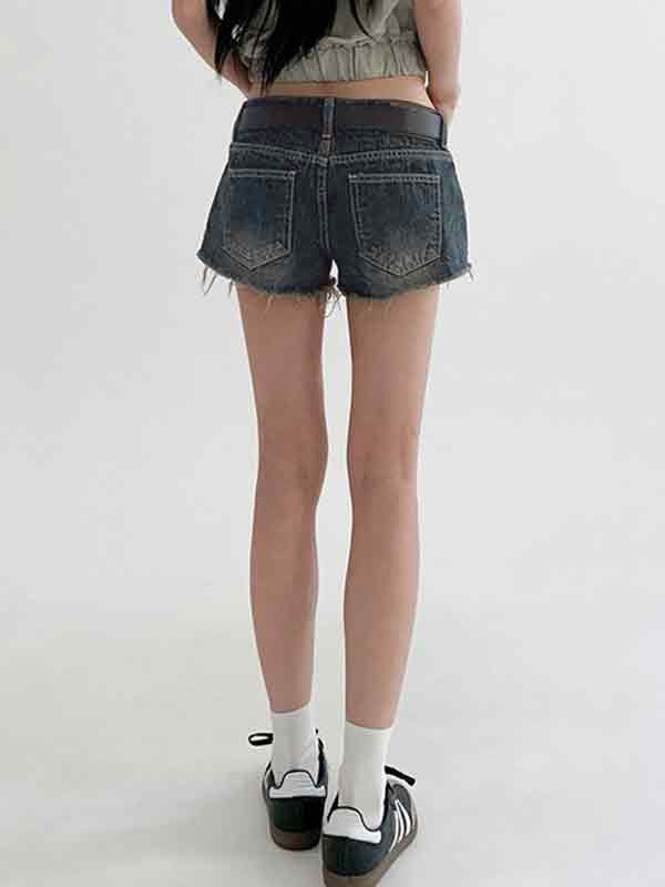 Dark Low Waist Denim Shorts with Belt