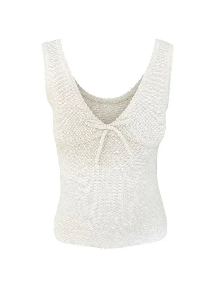 Beige Vintage Stitching V Neck Bow Tank Top