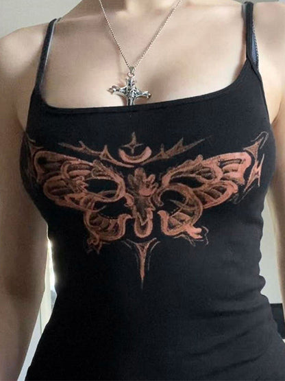 Black Y2K Butterfly Print Slim Fit Black Cami Top