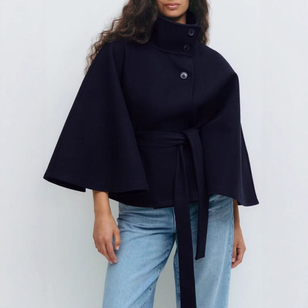 Belted Cape Coat with High Collar for Women - Iolanda