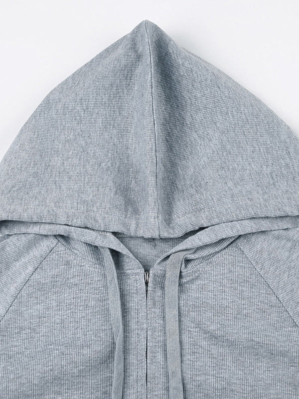 Grey Vintage Ribbed Zip Up Drawstring Long Sleeve Hoodie