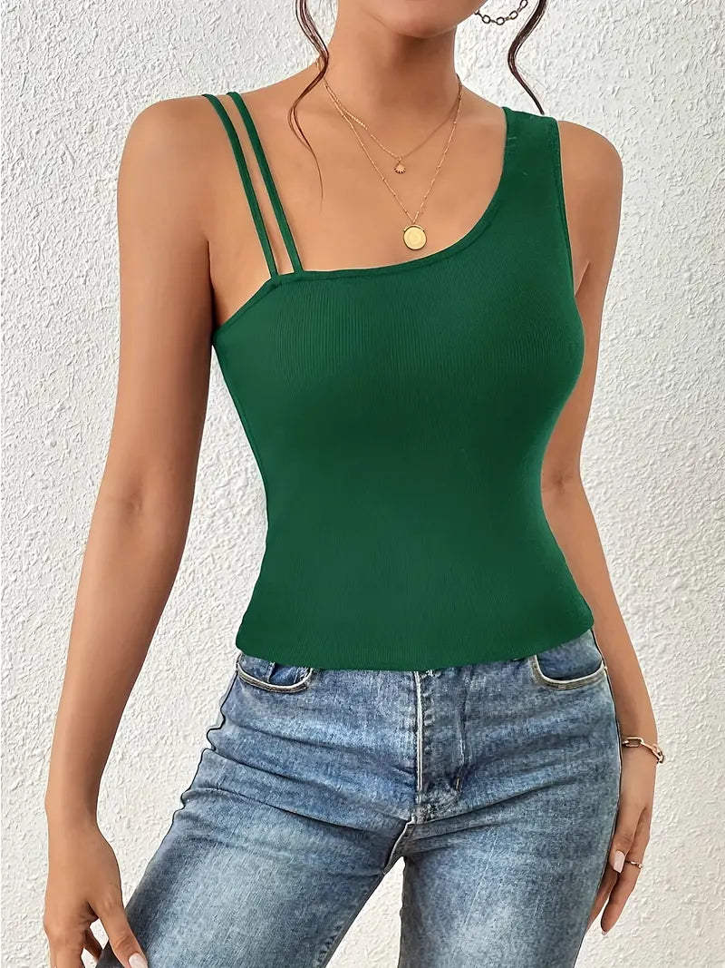 Solid Skew Neck Asymmetric Sleeveless Top