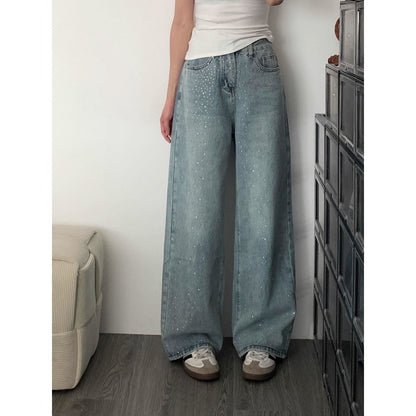 Light Blue Wide Leg Rhinestone Jeans for Women - Tonia