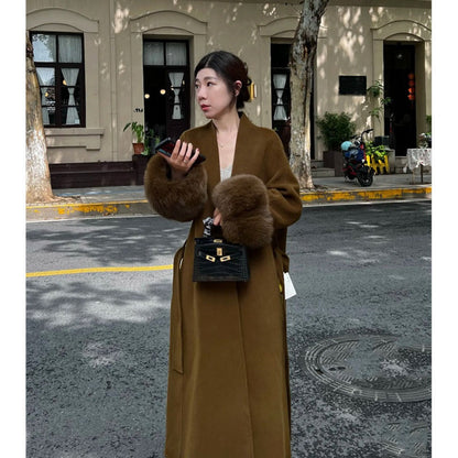 Long Overcoat with Faux Fur Cuffs for Women - Fortunata