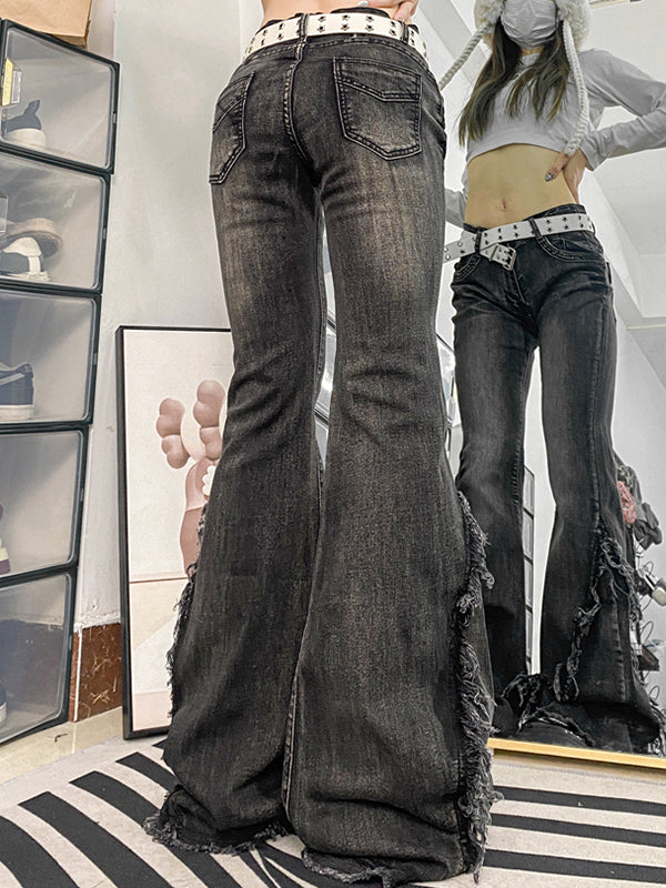 Y2K Black Low Rise Flare Jeans with Fringes