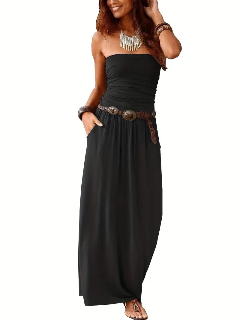 Vintage Solid Color Versatile Strapless Maxi Dress with Pockets