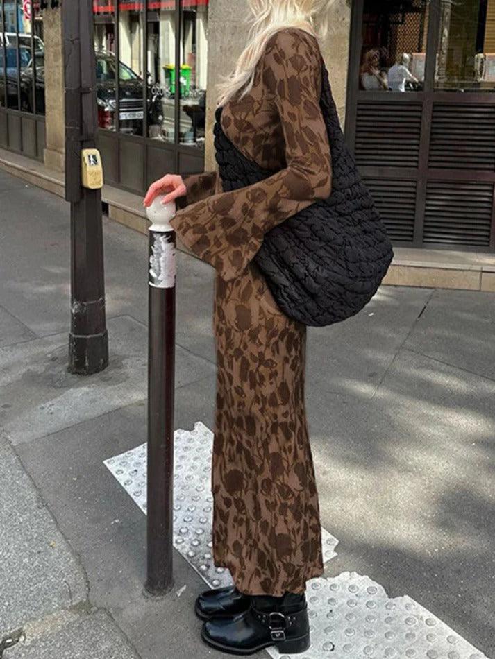 Brown Classic Print Trumpet Sleeve Maxi Dress