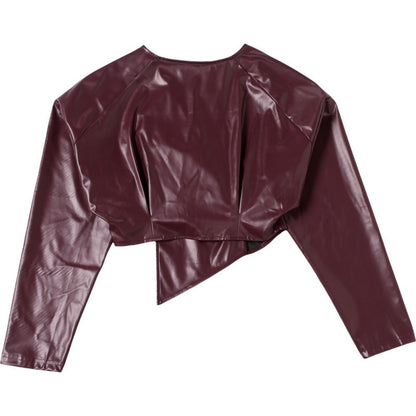 Burgundy Faux Leather Cropped Jacket for Women - Romina