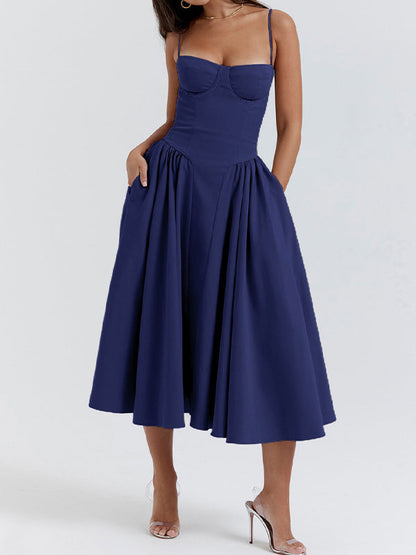 Vestido midi de tirantes estilo vintage azul marino