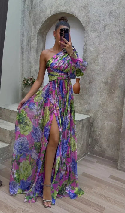 Party Flowy Shoulder Dress | Slit