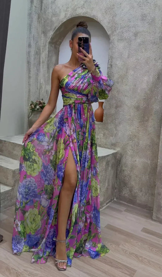 Party Flowy Shoulder Dress | Slit
