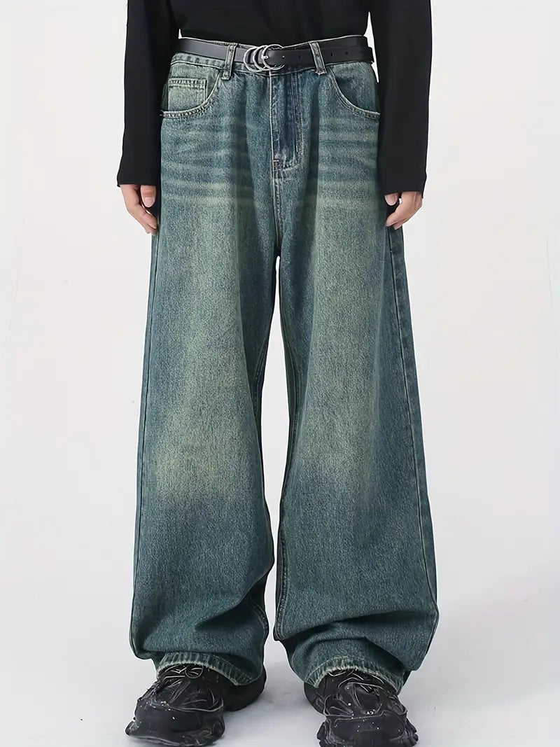 Men's Vintage Distressed Baggy Jeans with Faded Effect