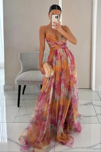 Multicolor Chiffon Maxi Dress with Spaghetti Straps for Women - Erika