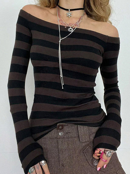 Vintage Off-Shoulder Striped Knit Top