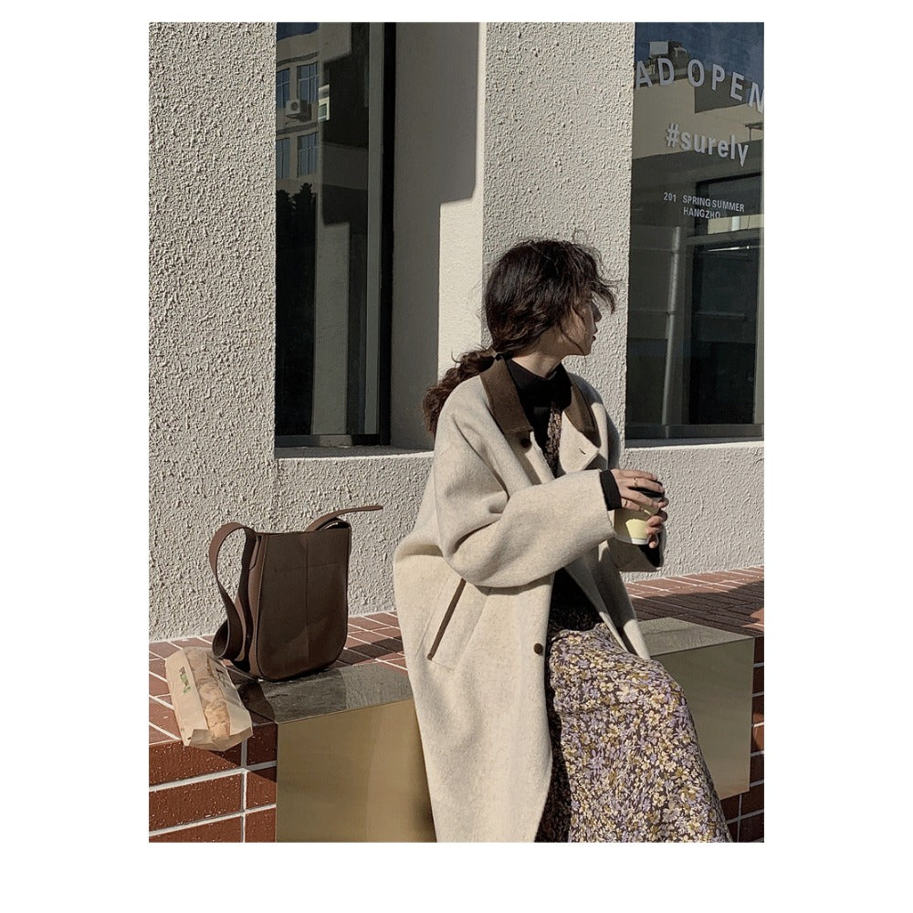 Beige Wool Blend Long Coat with Brown Collar for Women - Ambra