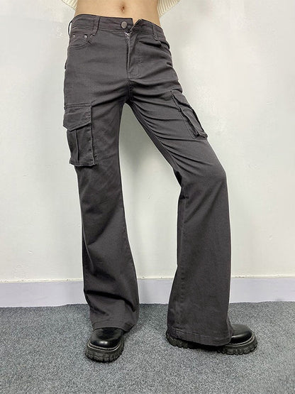 High Elasticity Flare Cargo Pants with Flap Pockets