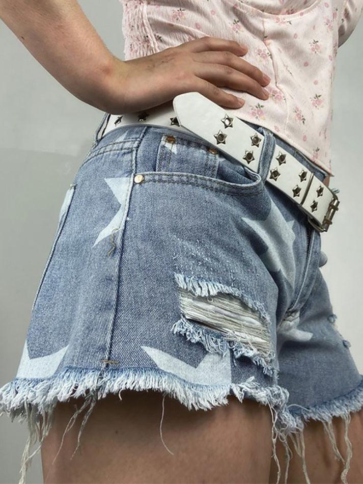 Blue Y2K Star Print Ripped Low Rise Denim Shorts