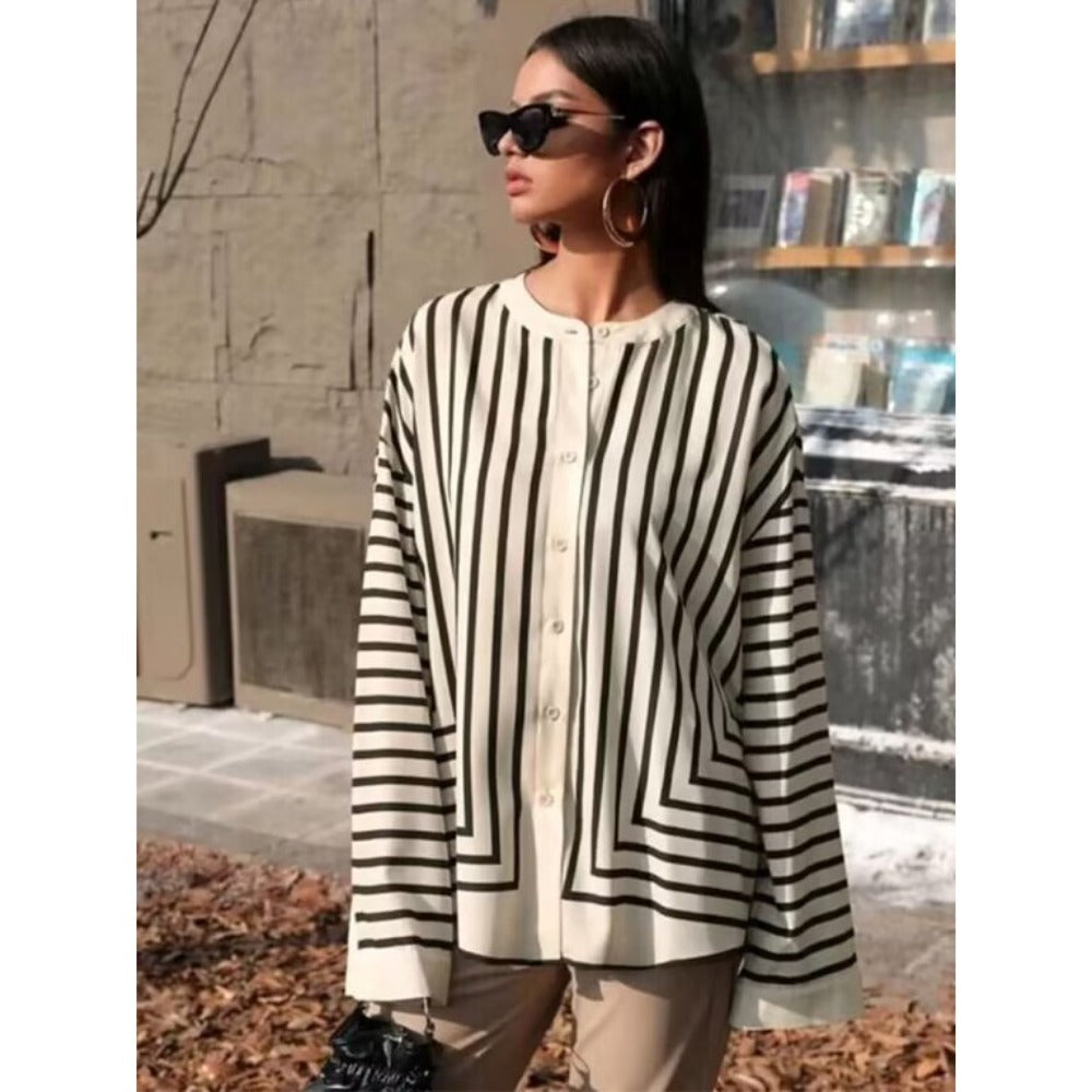 Beige Black Striped Long Sleeve Button Down Shirt for Women - Edvige