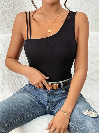 Blusa asimétrica sin mangas con cuello oblicuo liso 