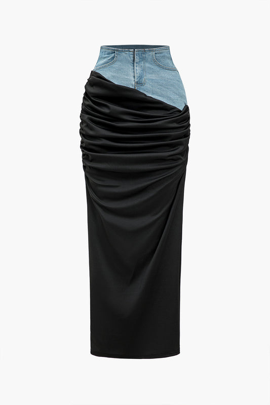 Classic Denim Patchwork Color Block Ruched Zipper Skirt