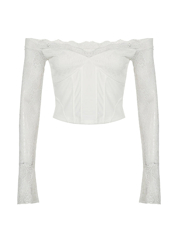 White Vintage Off The Shoulder Lace Long Sleeve Tee