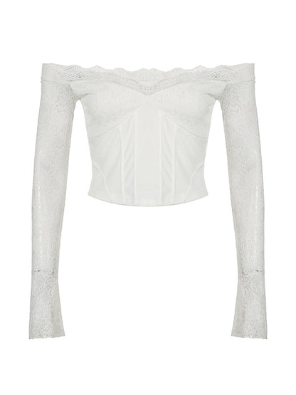 White Vintage Off The Shoulder Lace Long Sleeve Tee