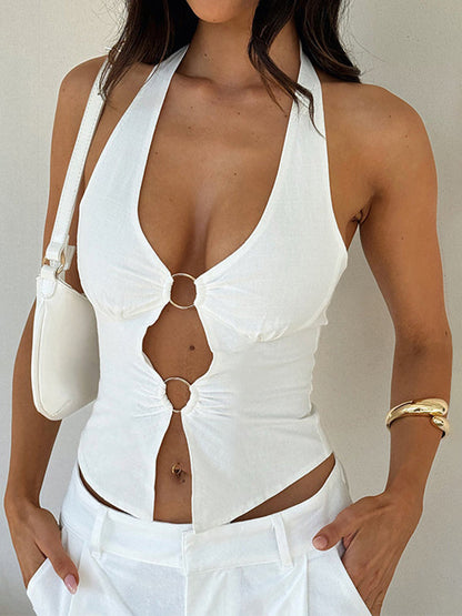 White O Ring Plain Backless Cutout Halter Top