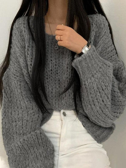 Solid Vintage Cutout Lantern Sleeve Loose Sweater