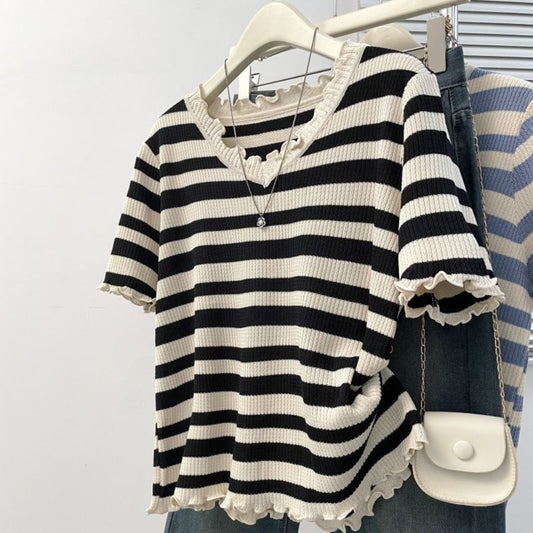 Black and White Striped Short Sleeve Top for Women - Assunta