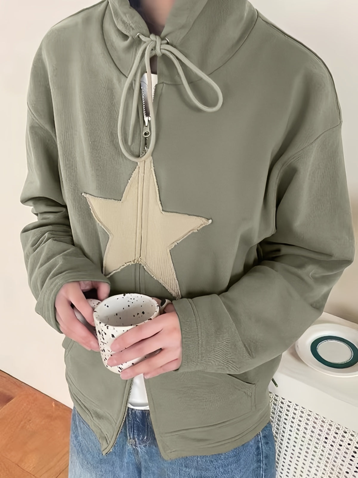 Green Vintage Baggy Hoodie with Star Patch and Zipper