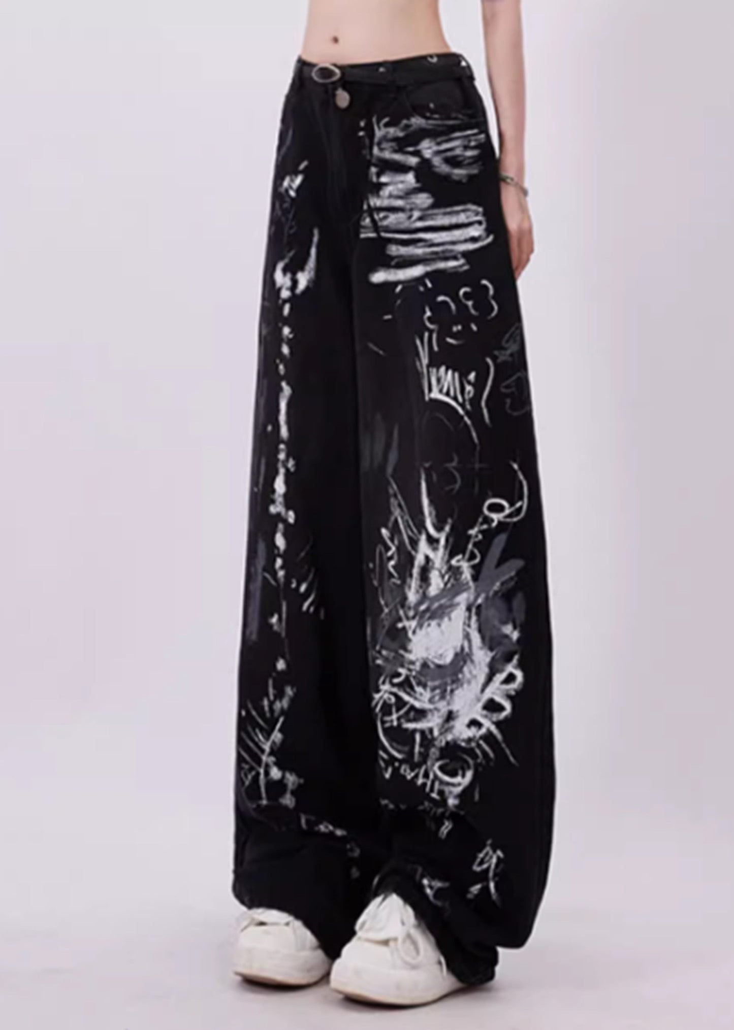 Black Grunge Graffiti Print Baggy Jeans