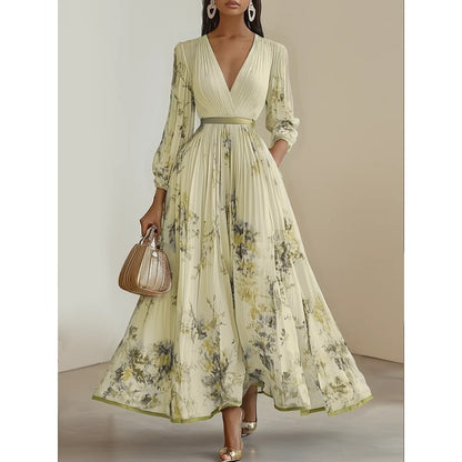 Floral Print Pleated Maxi Dress with Long Sleeves for Women - Gelsomina
